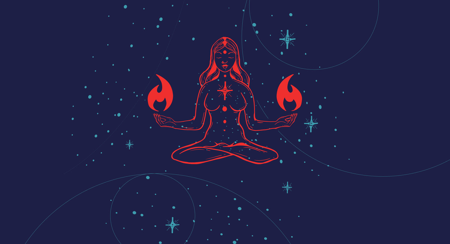 An illustration of a celestial Garam Goddess holding flames in either hand