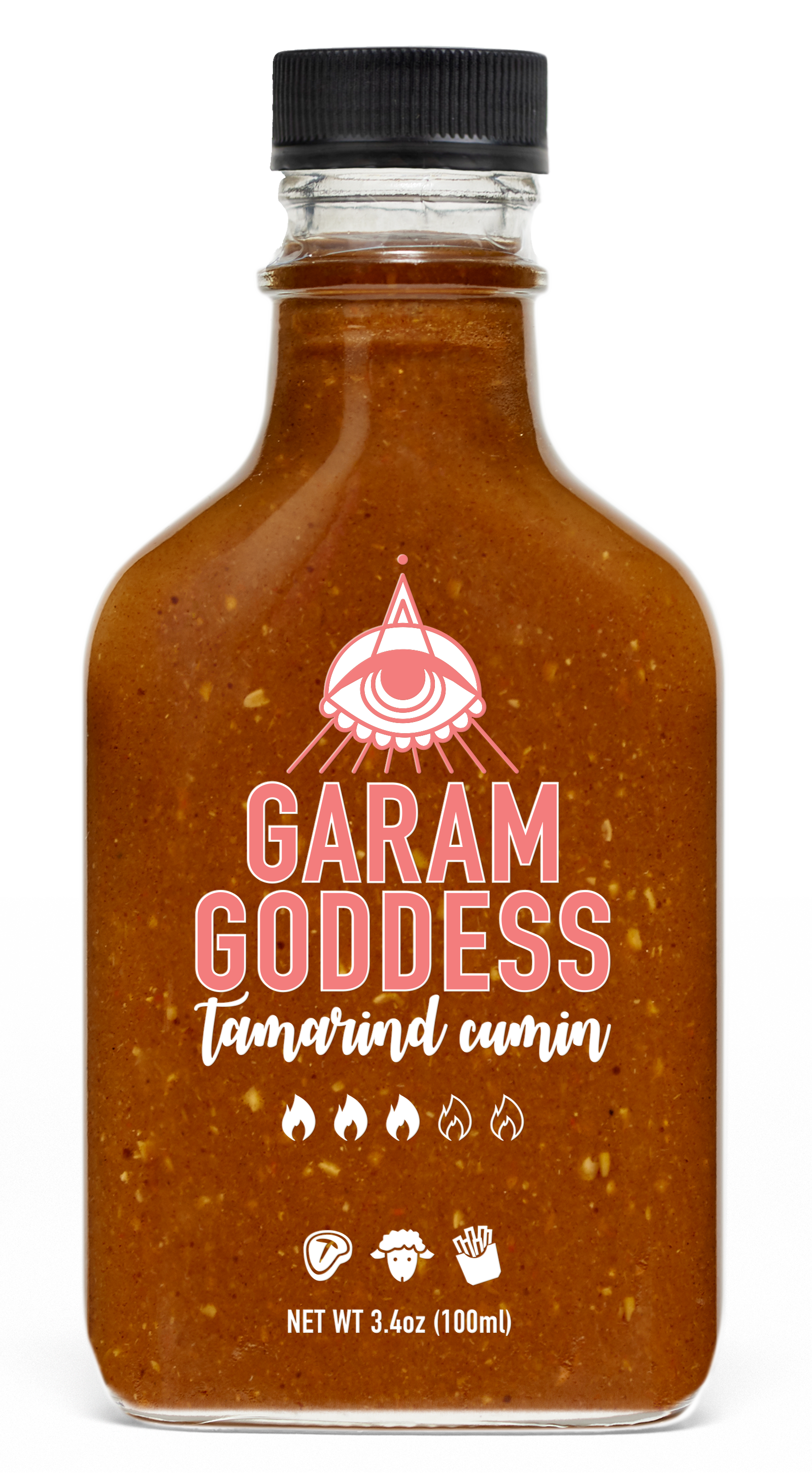 Garam Goddess Tamarind Cumin hot sauce bottle with deep amber label, representing its rich, Indian-inspired flavors with spices like scotch bonnet pepper, coriander, fennel, tamarind, dates and cumin